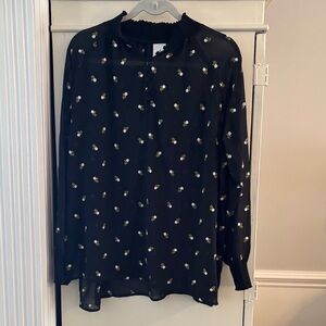 CAbi Black Blouse with Floral Embroidery